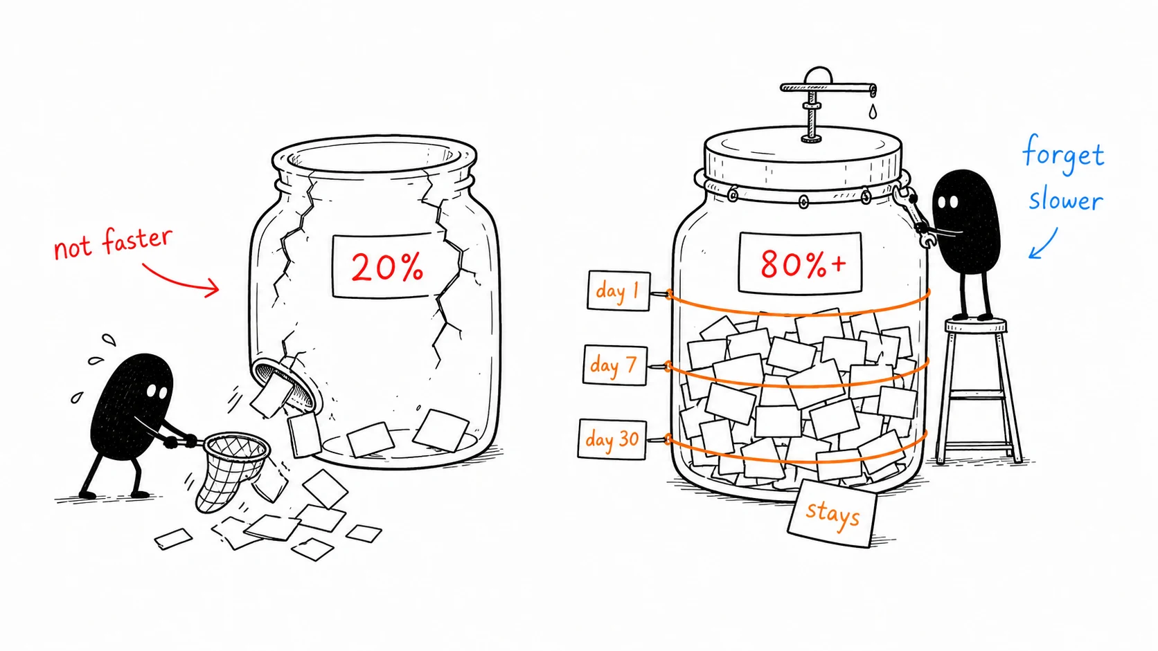 Xiaohei compares two memory jars: without spaced review only 20 percent remains, while review bands keep 80 percent or more from leaking away