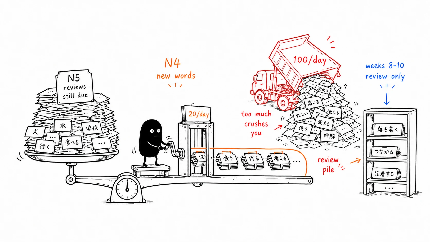 A realistic JLPT N4 plan controls new words because N5 reviews are still due