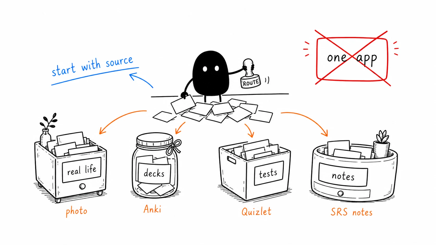 Xiaohei sorts learning material by source: real-life vocabulary, existing decks, test sets, and note-based SRS